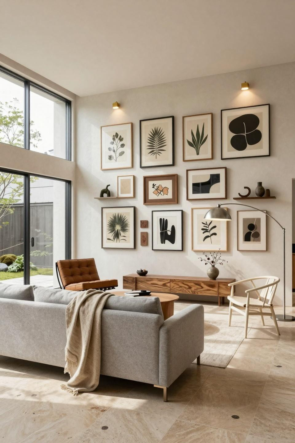 Boho gallery wall ideas with vintage botanical prints and abstract contemporary pieces in Tokyo townhouse