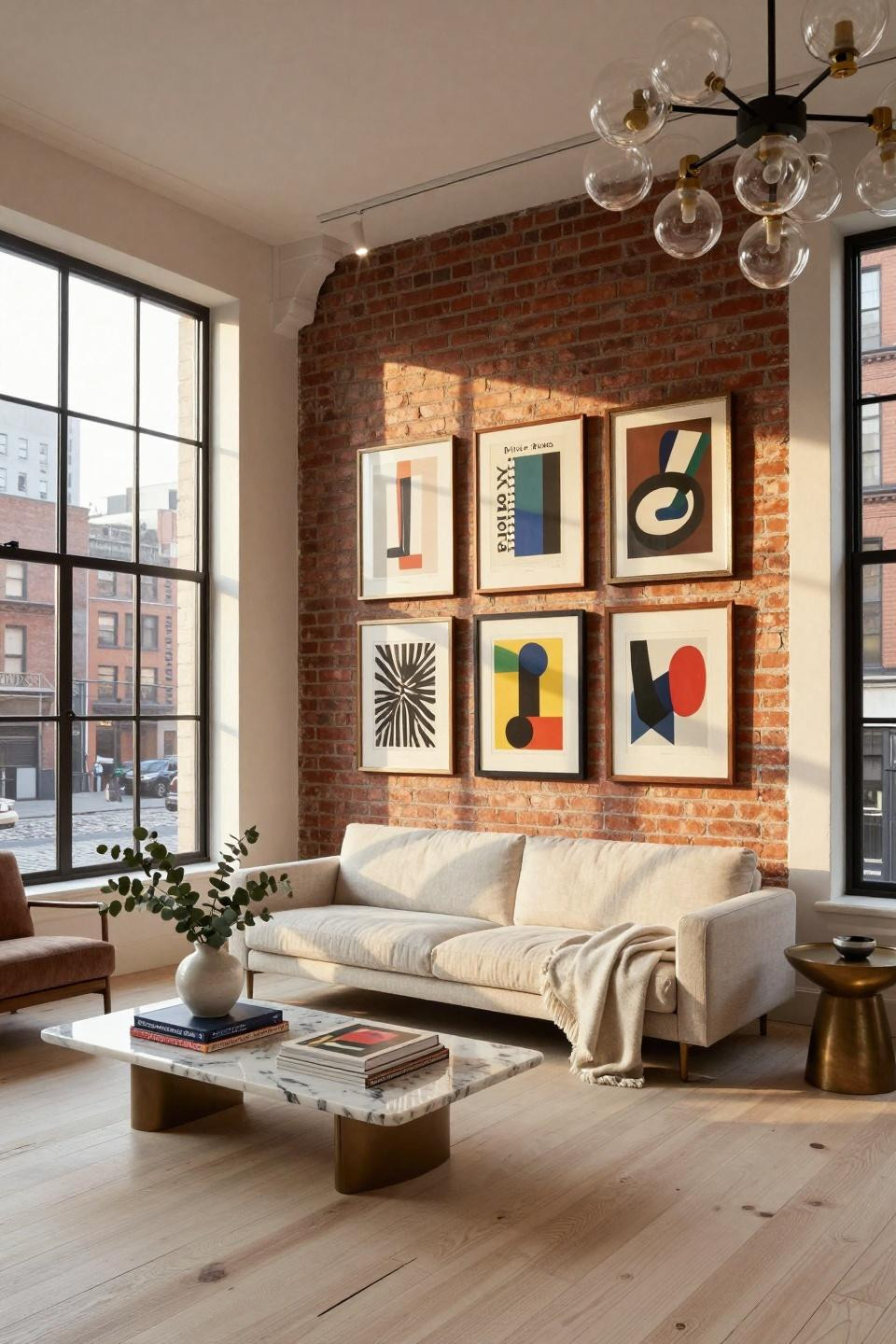 Retro gallery wall with custom-milled walnut frames housing rare Dieter Rams posters and Bauhaus lithographs