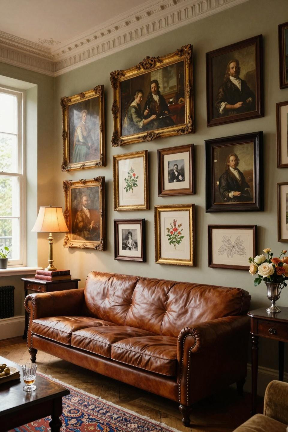 Mismatched gallery wall featuring hand-carved gilt, ebonized wood, and aged brass frames in London townhouse
