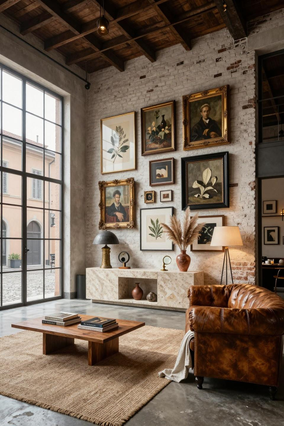 Eclectic art wall with vintage oil paintings in ornate gold frames mixed with contemporary photography