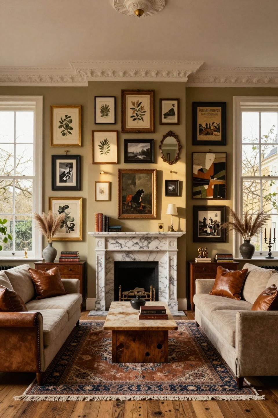 Eclectic gallery wall ideas with 18th-century botanical prints and contemporary abstracts in London townhouse