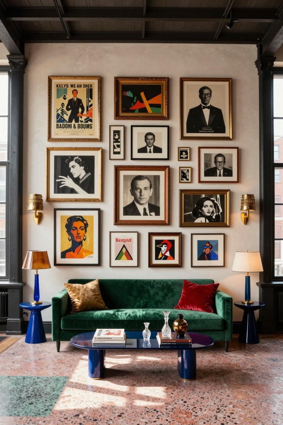 Vintage gallery wall ideas featuring 1920s Parisian posters and 1960s Op Art in Tribeca loft