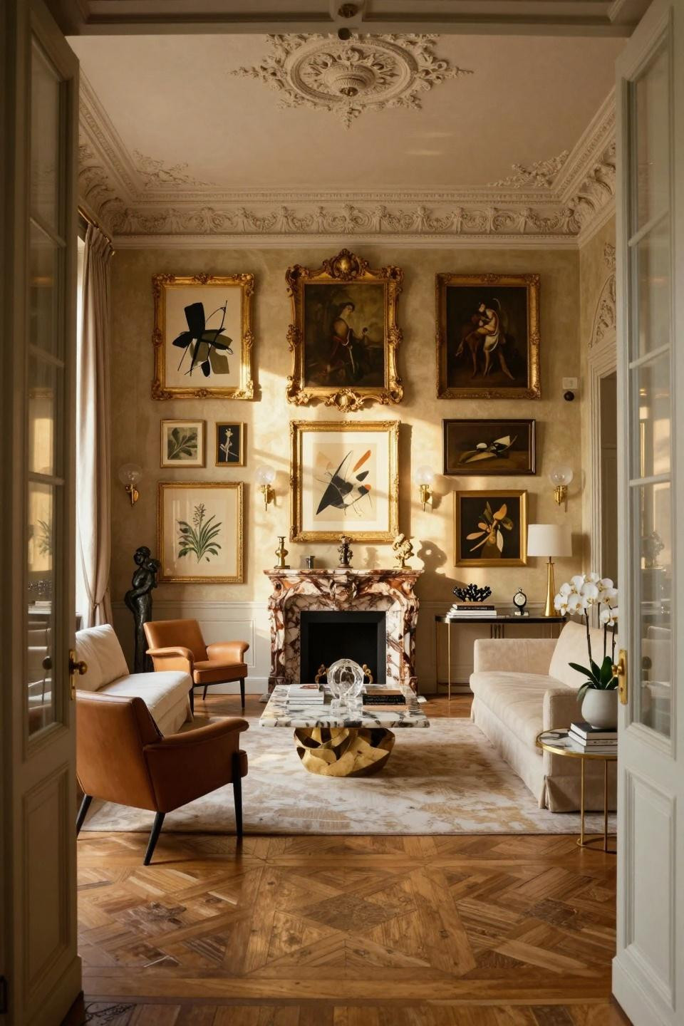Funky gallery wall with 18th-century gilt baroque frames housing contemporary abstract works
