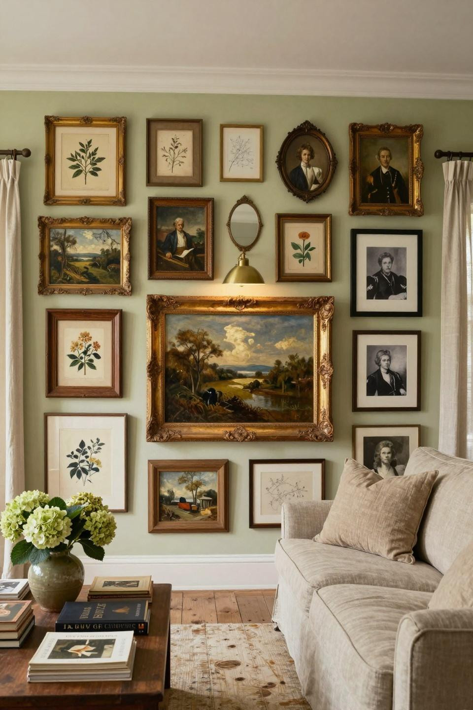 Unique gallery wall ideas with vintage gilt frames and botanical prints in Hamptons beach house