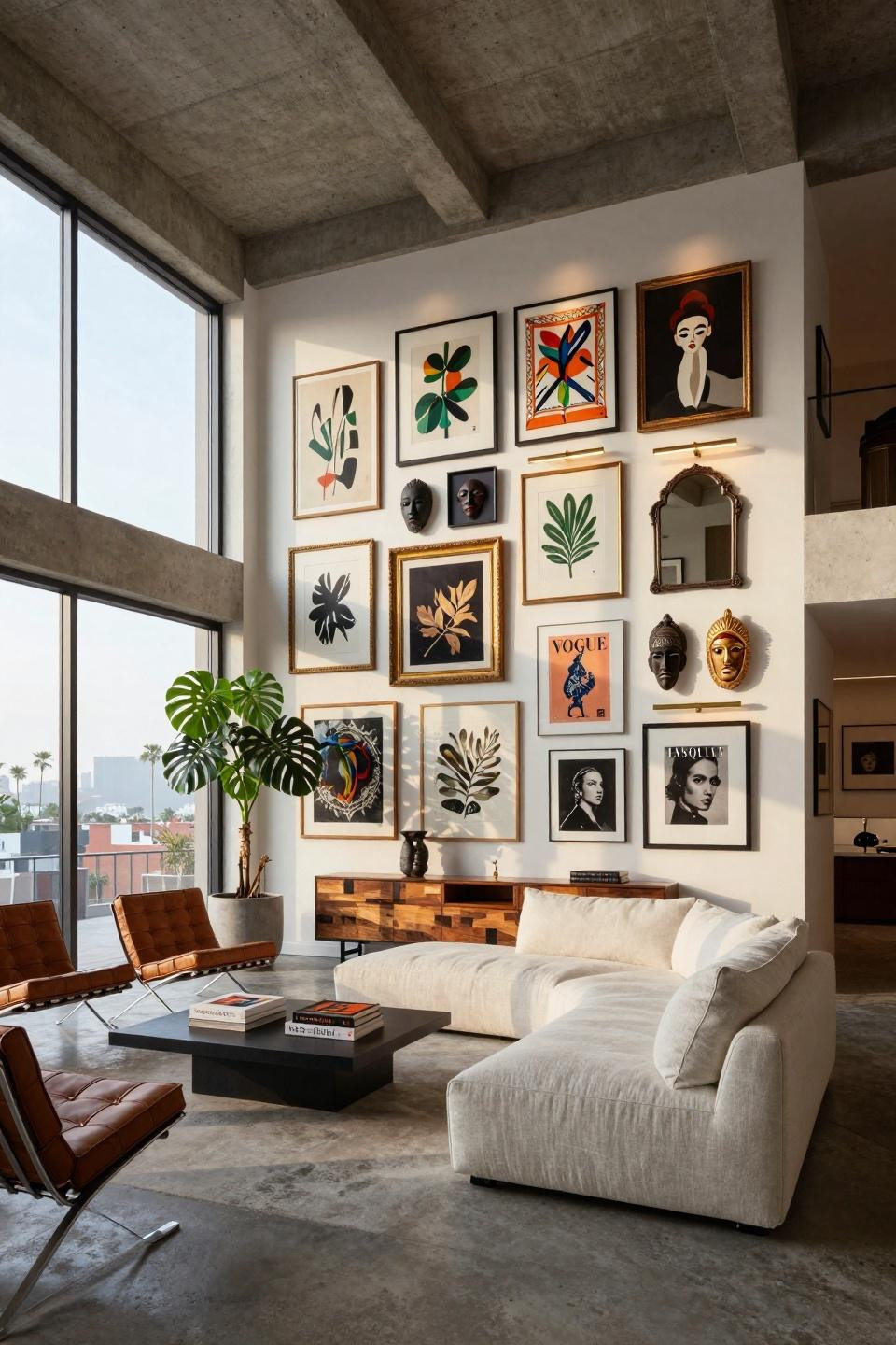 Thrifted gallery wall featuring eclectic curated art collection in Beverly Hills penthouse with Calacatta marble console