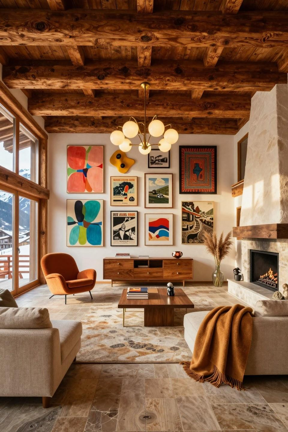 Eclectic gallery wall spanning fifteen feet in Swiss Alpine chalet