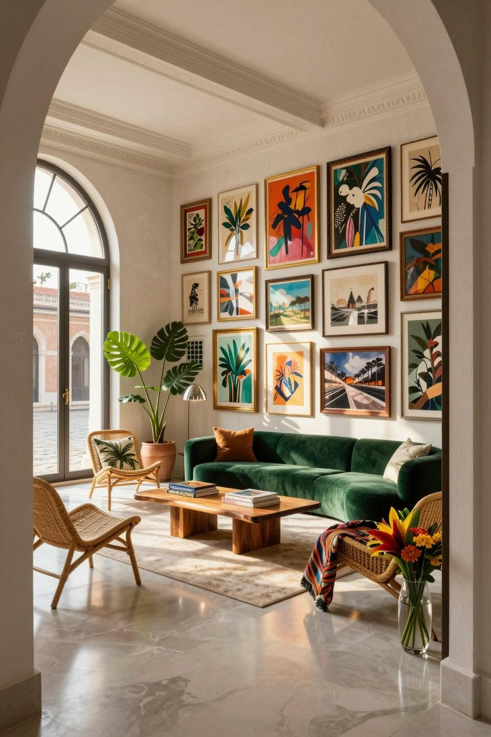 Bold colorful gallery wall spanning twelve feet in Milan Centro Storico