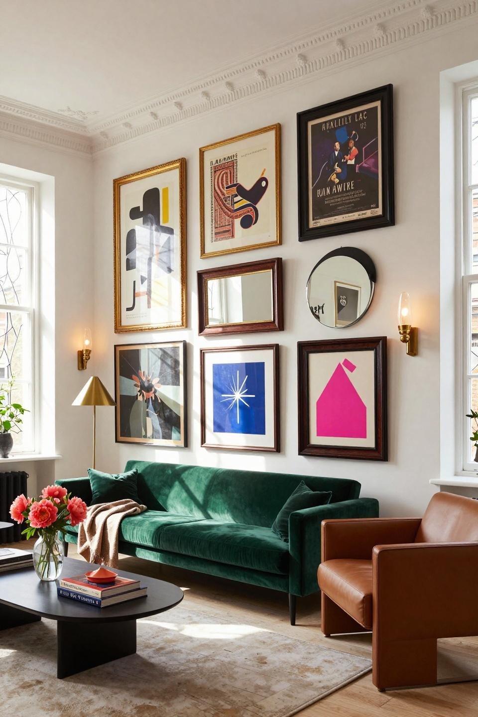 Eclectic gallery wall with mixed-scale frames in London Georgian townhouse