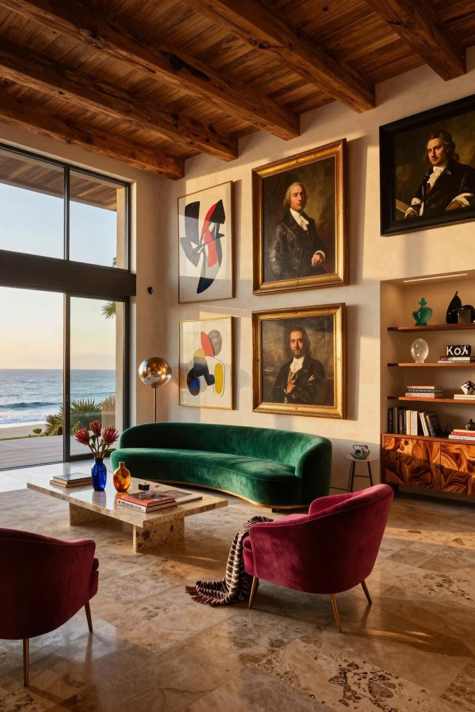 Museum-quality maximalist gallery wall with mixed-scale frames overlooking Pacific