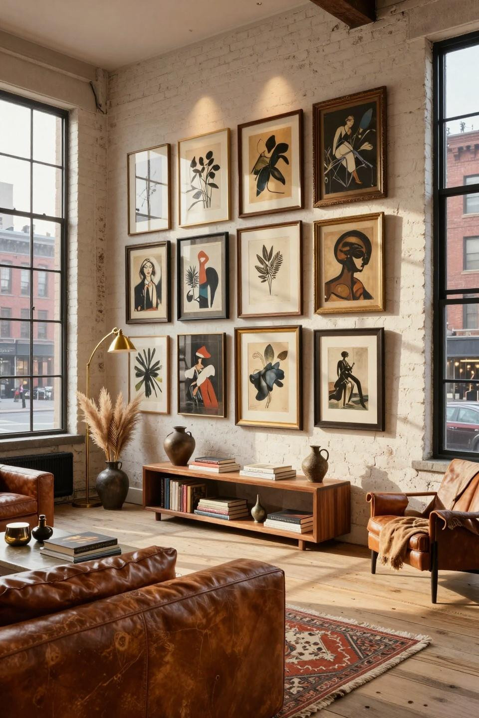 Salon-style gallery wall with thirty-plus frames in NYC Tribeca loft