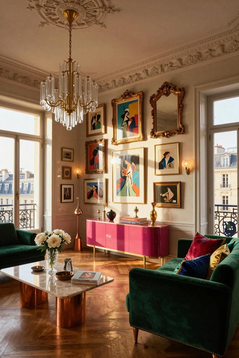 Hollywood Regency gallery wall with mixed frames in Paris Haussmann apartment