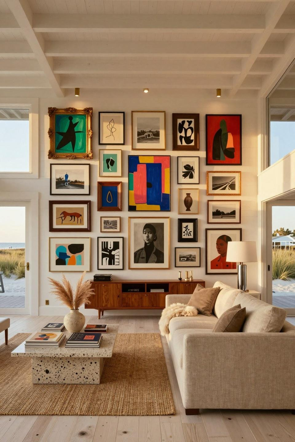 Eclectic gallery wall with twenty-plus artworks in Hamptons beach house