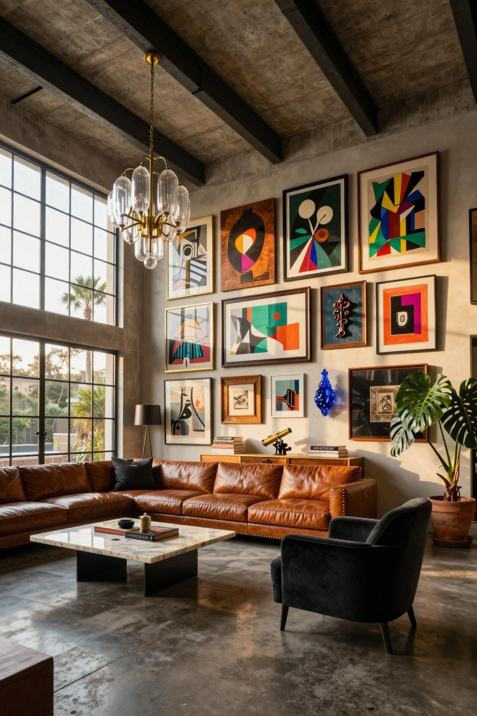 Industrial-refined gallery wall spanning twenty feet in Beverly Hills loft