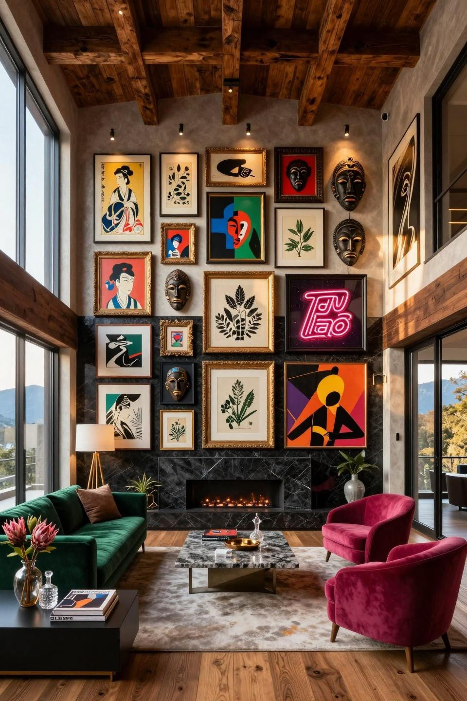 Museum-quality eclectic gallery wall with forty-seven mixed artworks