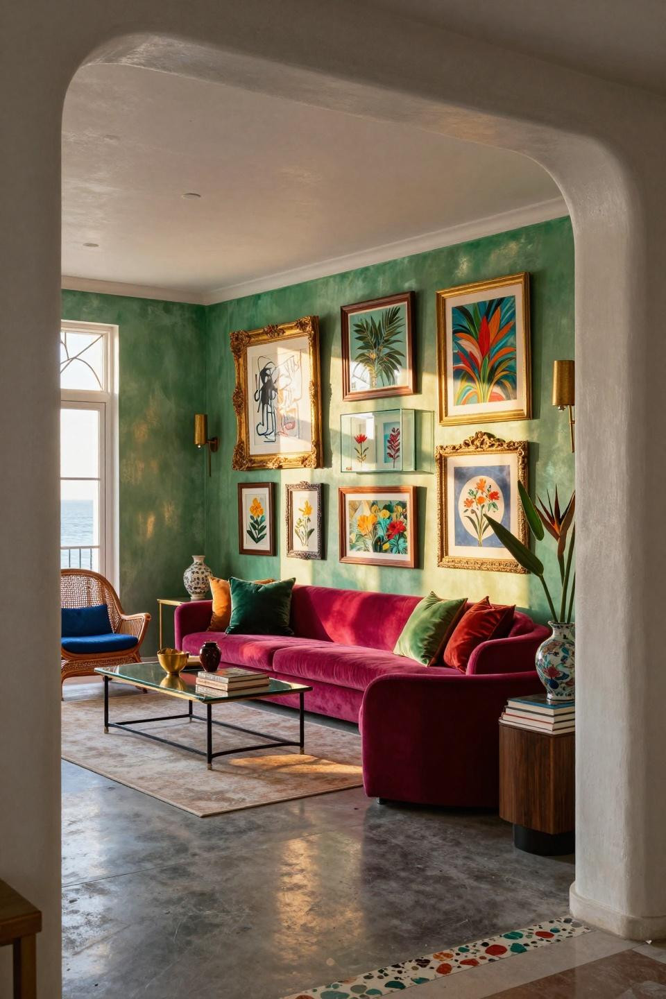 Eclectic gallery wall with mixed vintage frames in Miami beach house
