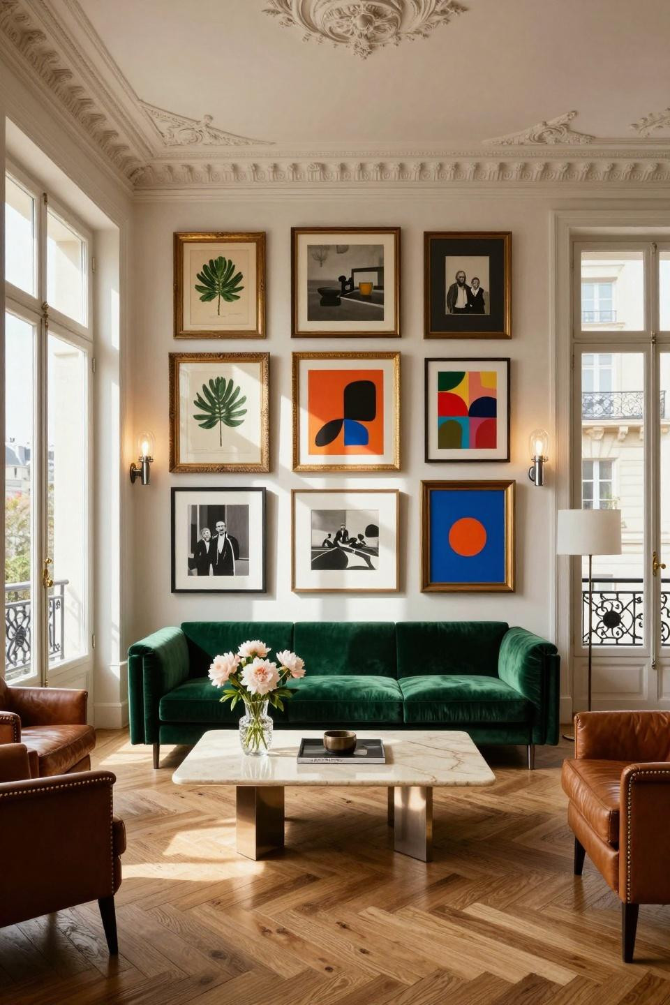 Maximalist gallery wall with vintage gilt frames in Parisian apartment