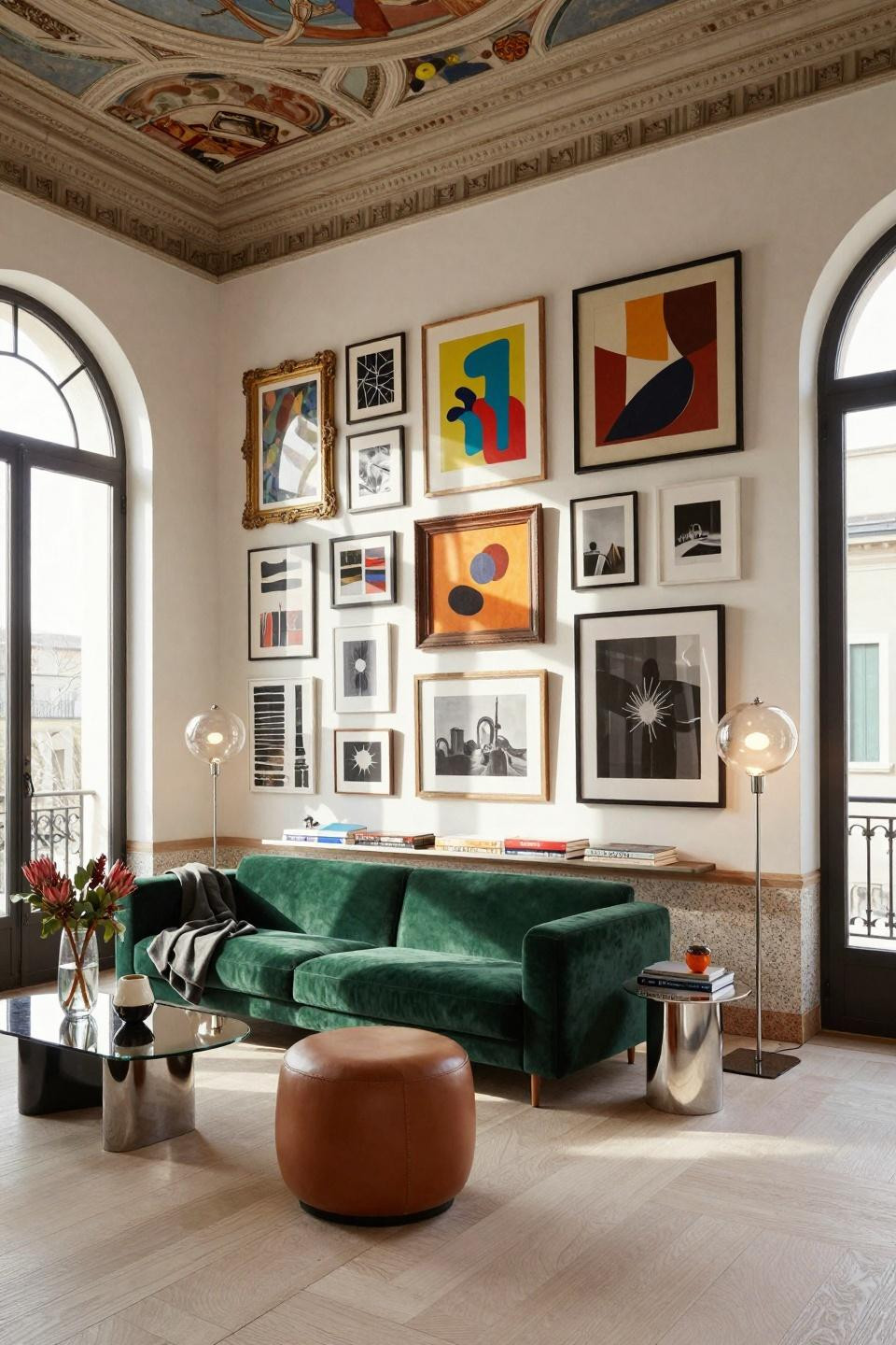 Eclectic gallery wall with mixed frames spanning twelve feet in Milan villa