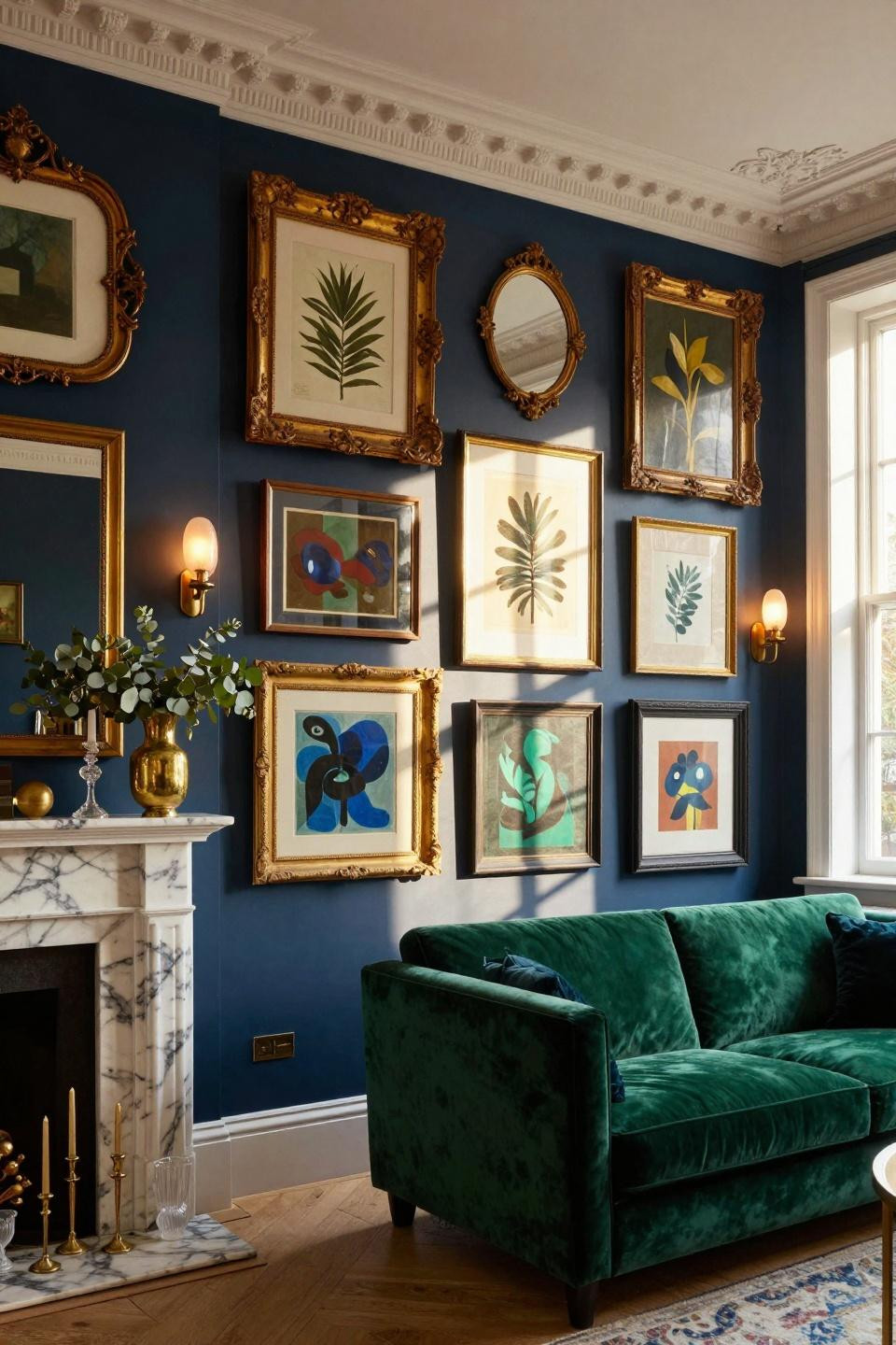 Funky gallery wall with mixed gilt frames and contemporary art in London townhouse