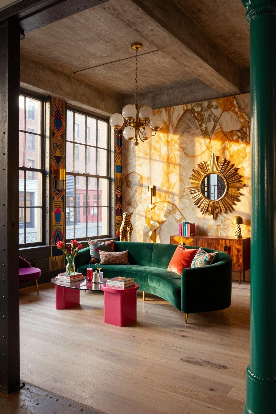Eclectic maximalism in SoHo loft with geometric wallpaper and brass chandelier
