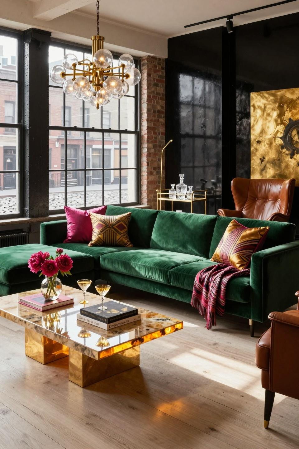 Eclectic maximalism with emerald B&B Italia sofa and backlit onyx table