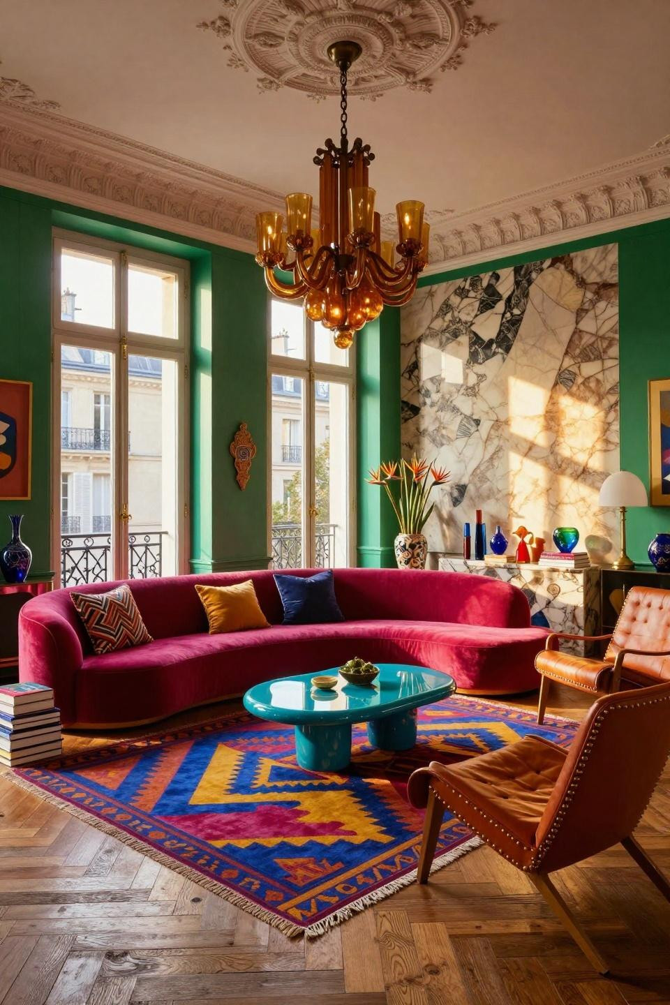 Quirky room decor in Parisian apartment with fuchsia Holly Hunt sofa