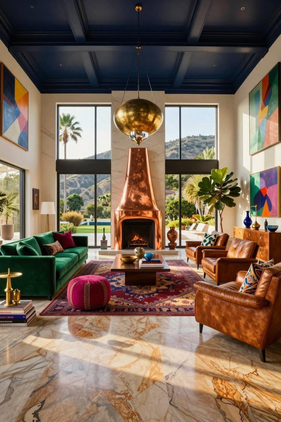 Funky interior design in Beverly Hills with sculptural copper fireplace