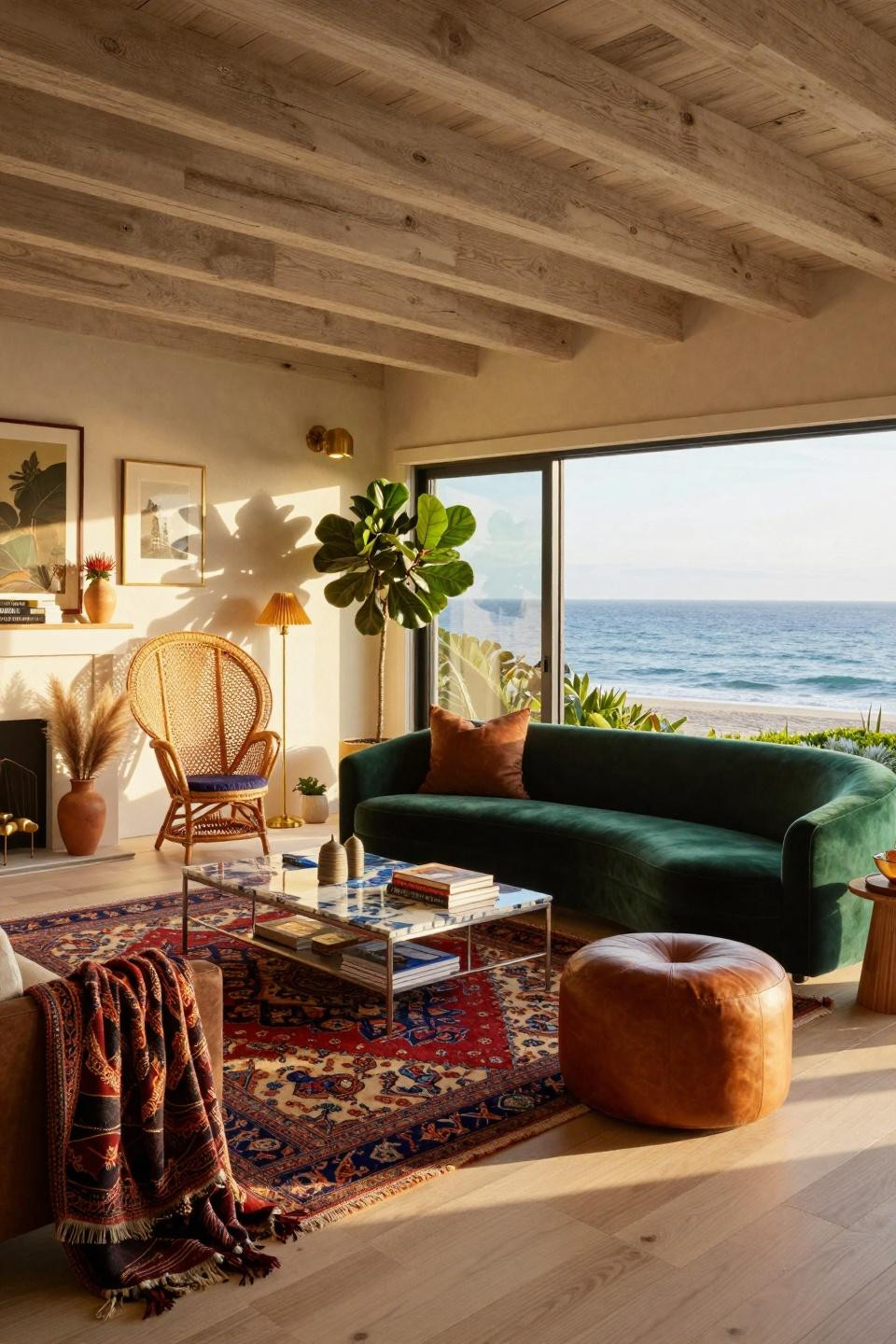 Colorful eclectic home with emerald CB2 sofa overlooking Pacific Ocean