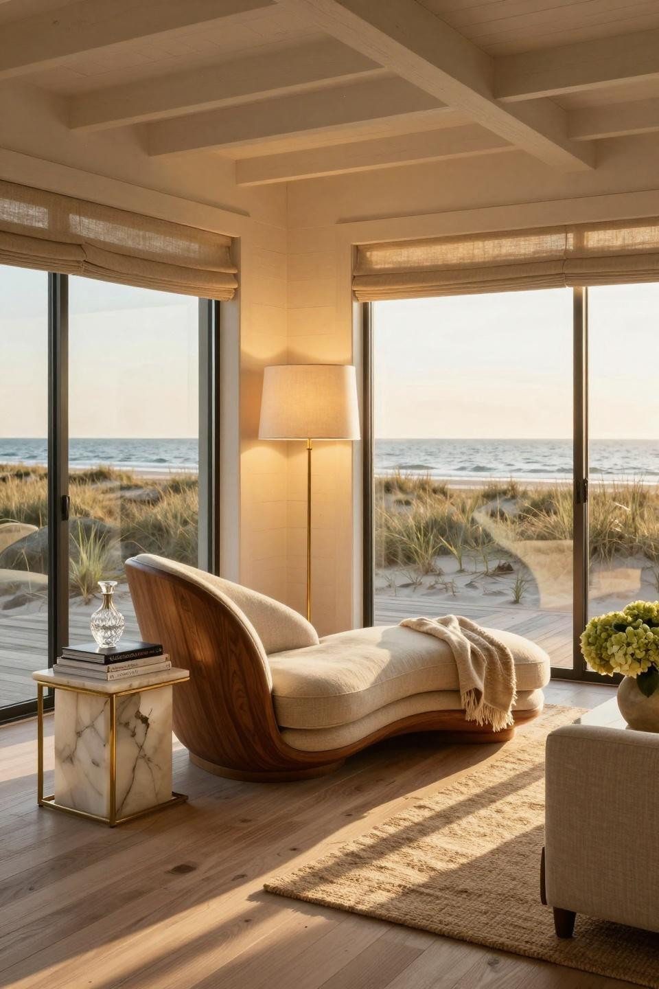 Cosy corner ideas with sculptural curved chaise and onyx side table in Hamptons beach house