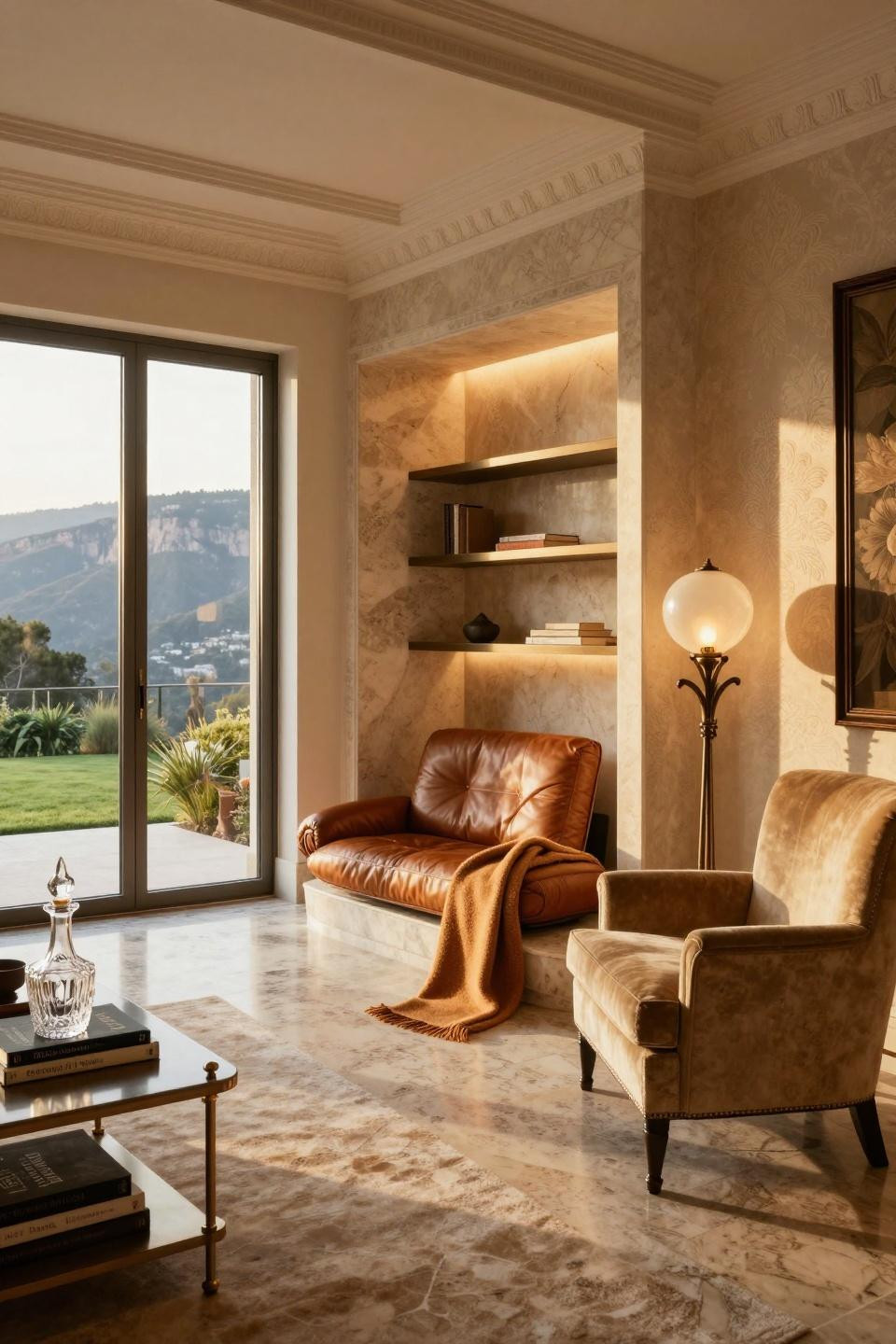 Cosy corner ideas with curved leather lounge and travertine alcove in Beverly Hills estate