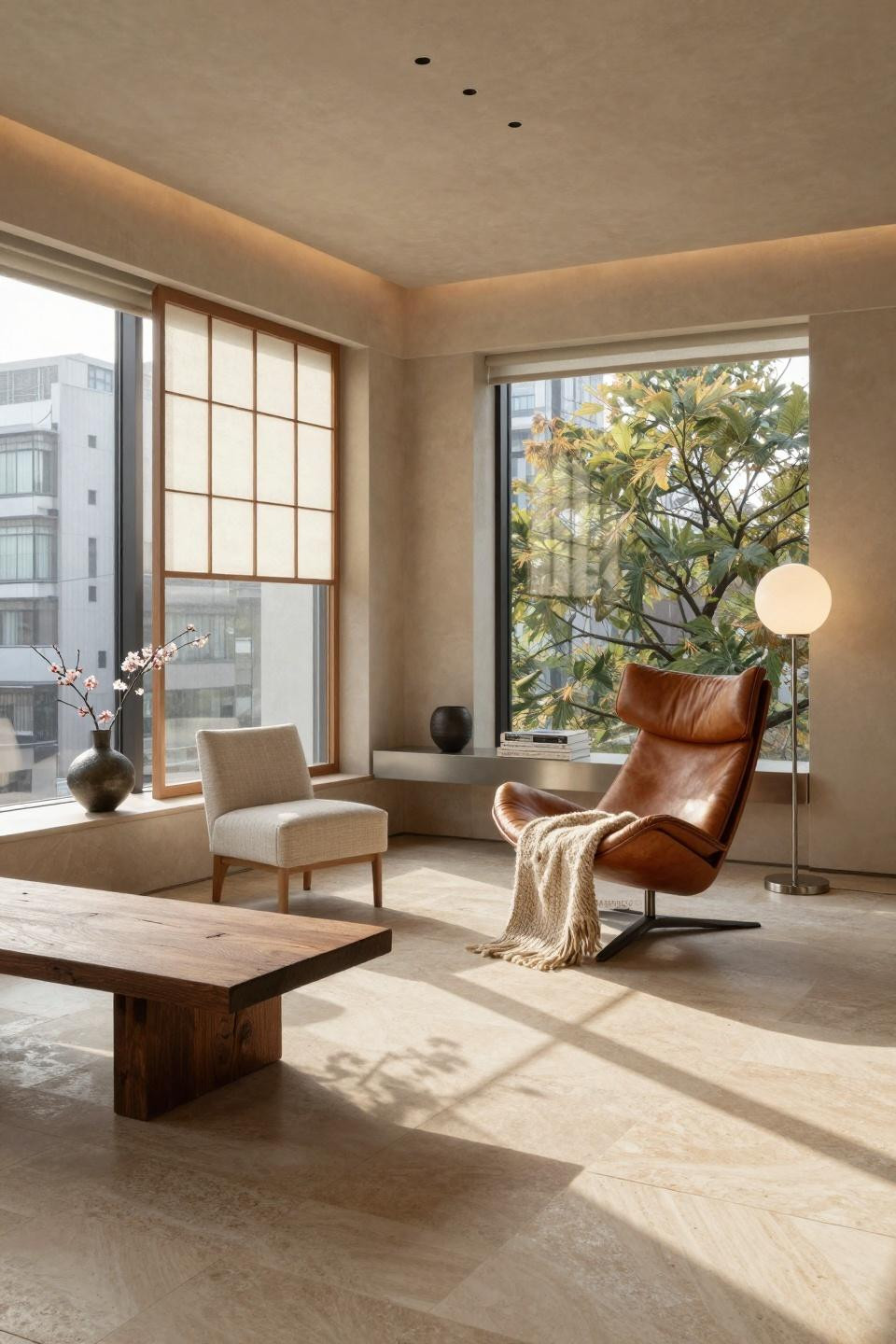 Relax corner ideas with saddle leather lounge and shoji screens in Omotesando penthouse