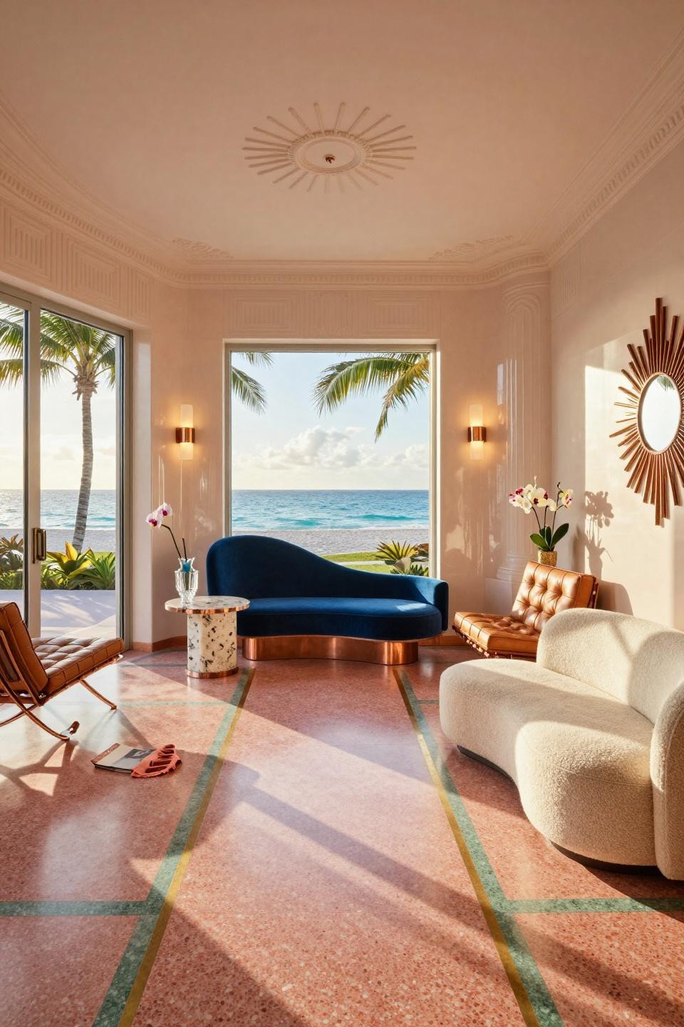 Corner space ideas with floating chaise in peacock velvet and terrazzo in South Beach estate