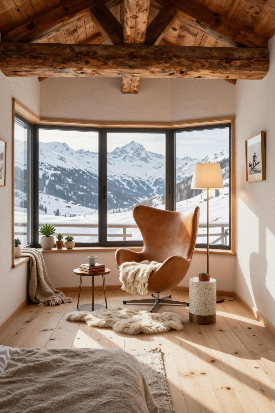 Sitting corner in bedroom with vintage Egg Chair and mountain views in Verbier chalet