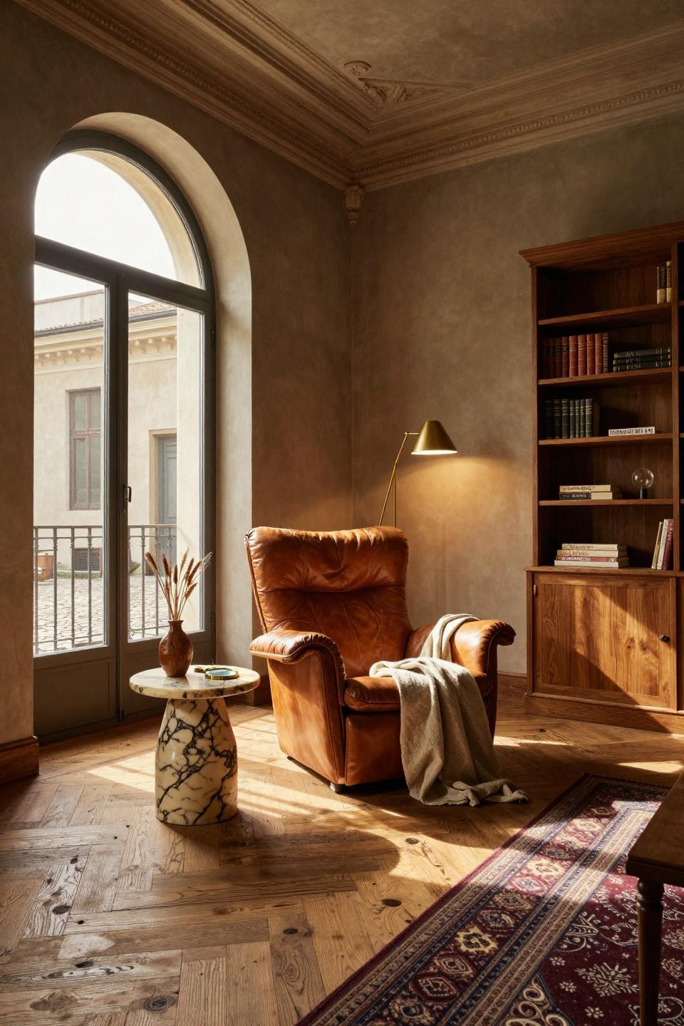 Lounge corner ideas with sculptural leather chair and Calacatta marble in Milan villa