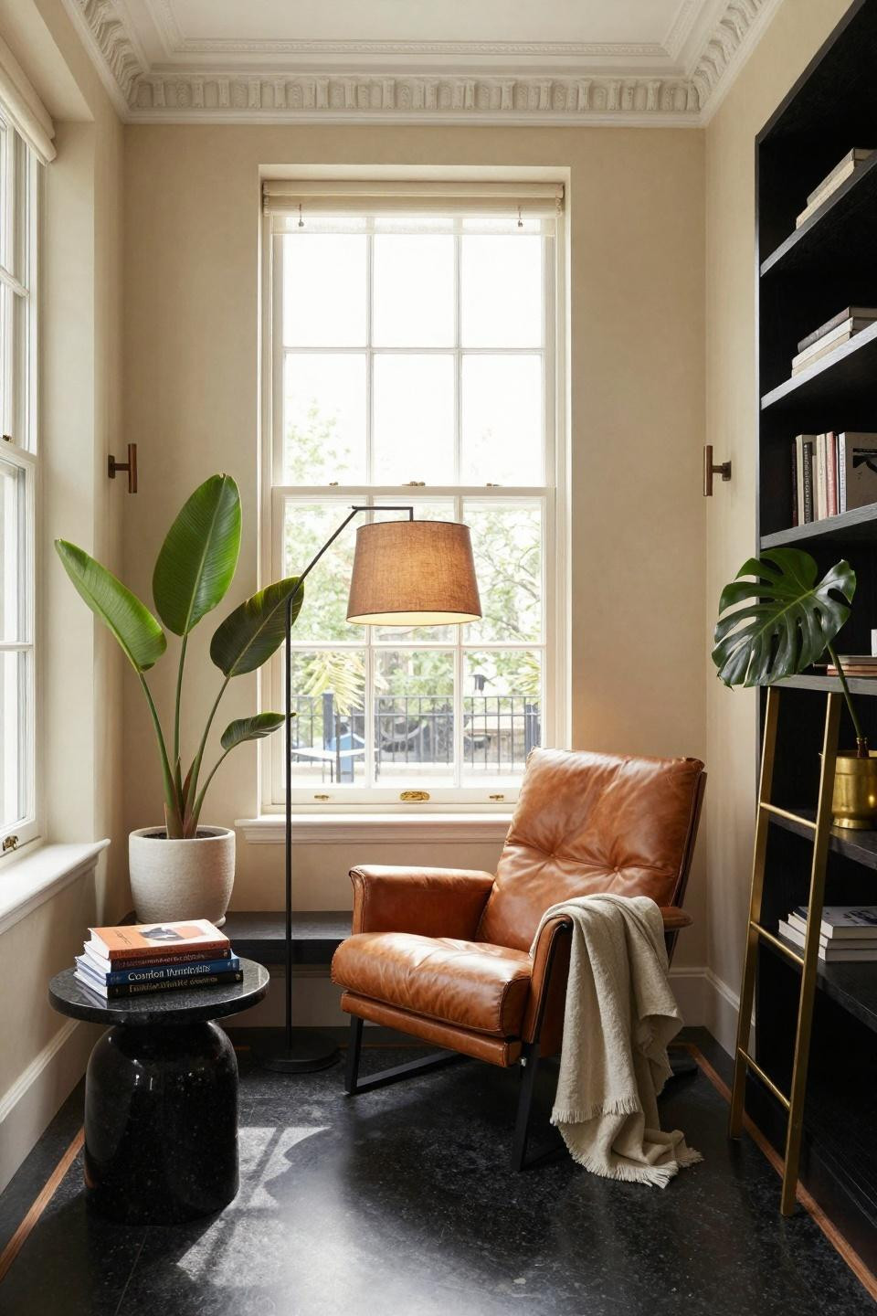 Comfy corner cozy nook with caramel leather lounge and ebony shelving in London townhouse
