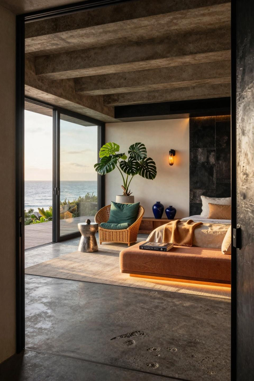 Chill corner in bedroom with curved rattan lounge and ocean views in Malibu beach house