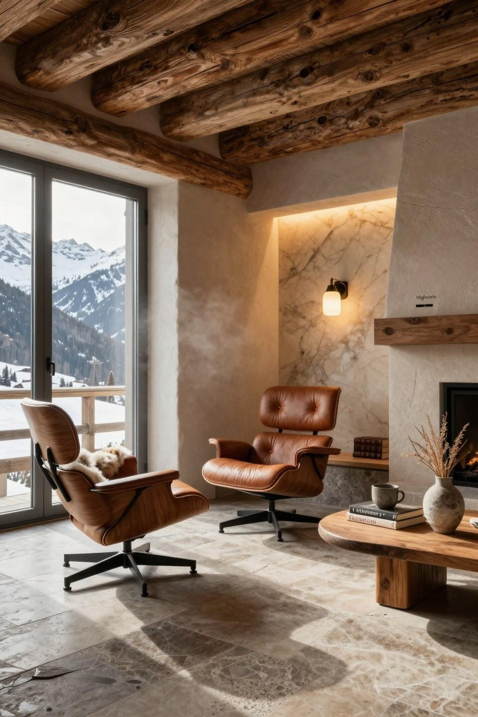 Corner chair ideas with Eames lounge in saddle leather beside backlit onyx panels