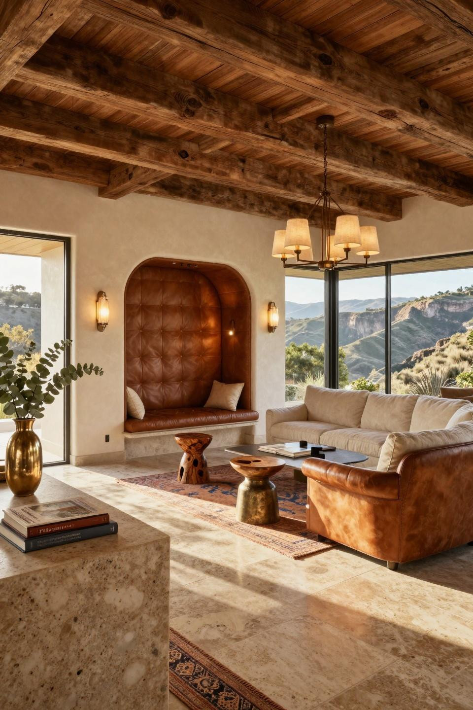 Rest corner ideas featuring cognac leather reading nook with Apparatus lighting in Beverly Hills estate