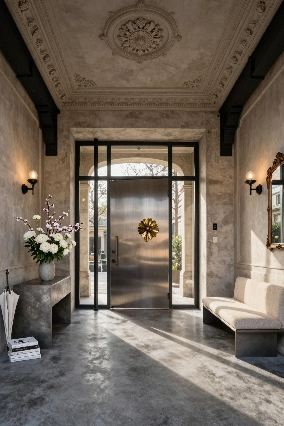 Spring door hangers featuring monumental brushed steel door with brass seasonal holder