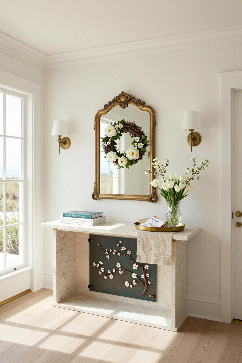 Spring door hangers featuring custom bronze door hardware with botanical motifs