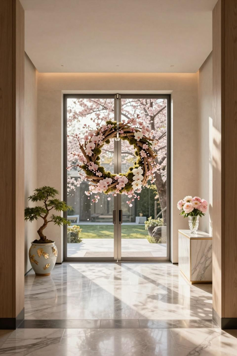 Spring door hangers featuring hand-wired cherry blossoms on bleached birch branches