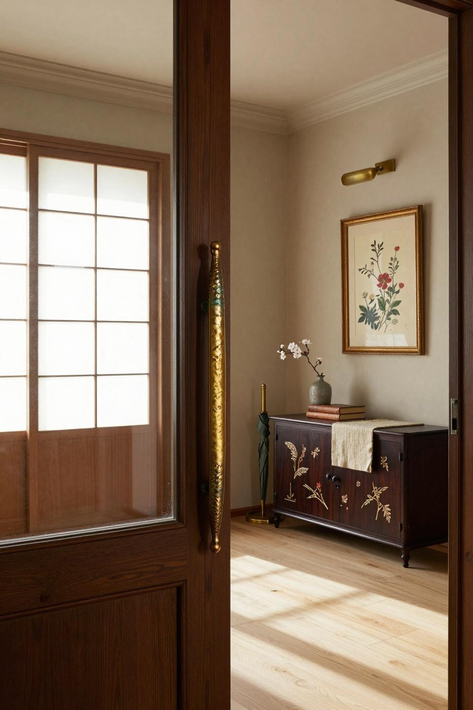 Spring door hangers featuring sculptural bronze door hardware with gold undertones