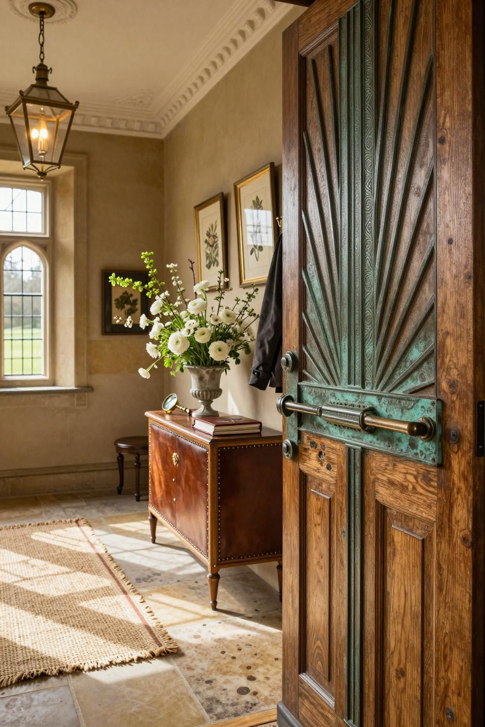 Spring door hangers featuring Art Deco Revival bronze door hardware