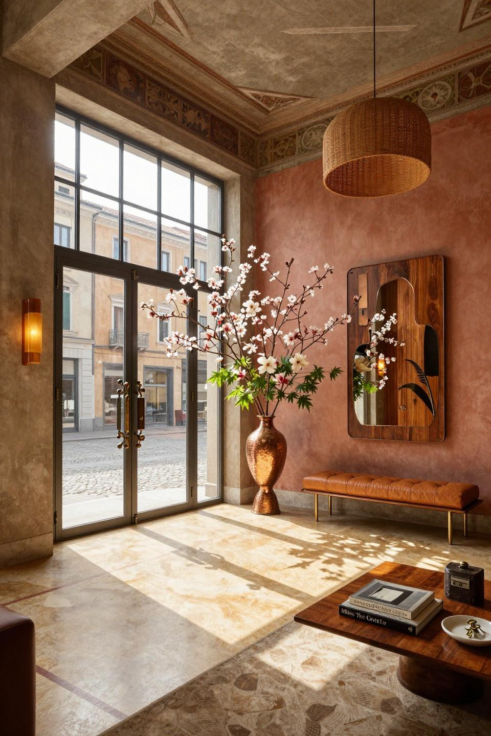 Spring door hangers featuring three-foot cherry blossom arrangement in hammered copper vessel