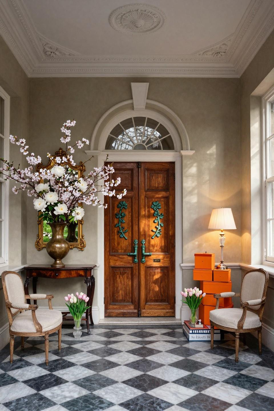 Spring door hangers featuring sculptural bronze door hardware with intertwined vine motifs