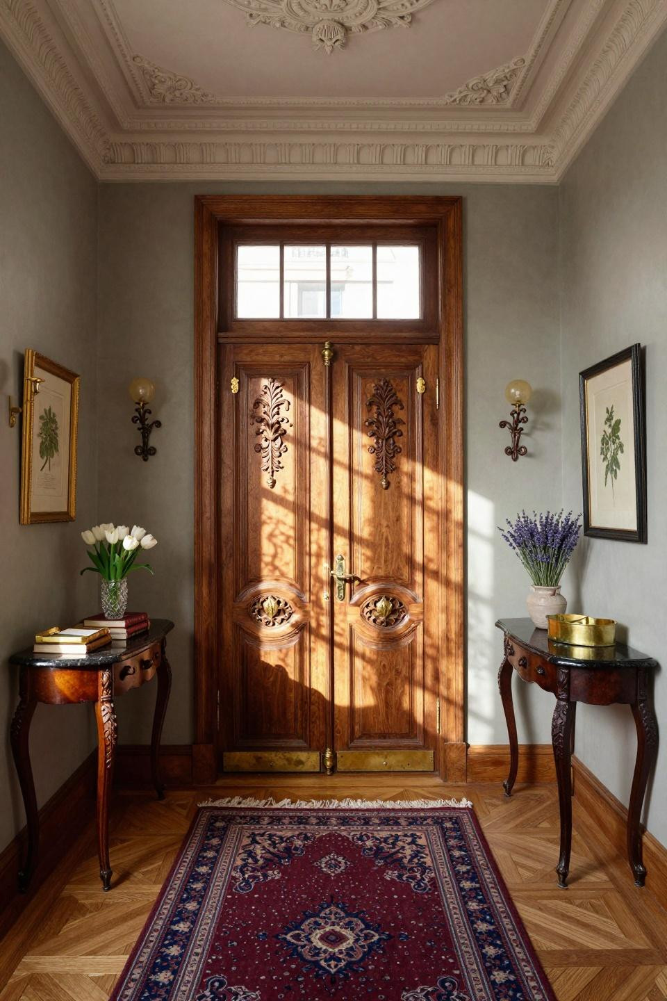 Spring door hangers featuring hand-carved wooden door medallions with brass details