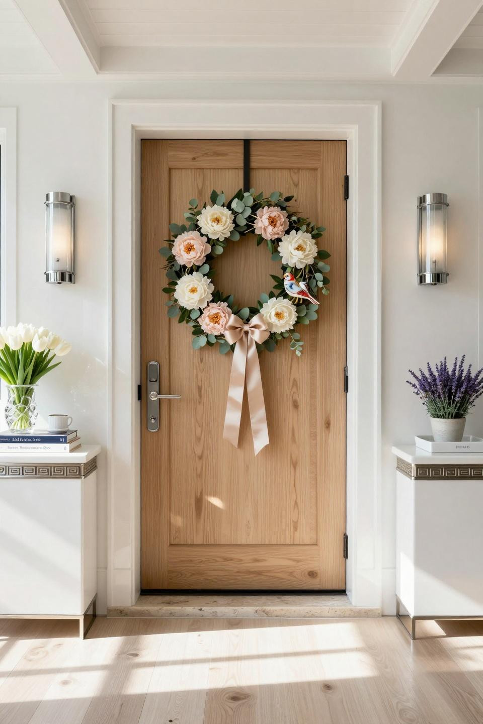 Spring door hangers featuring hand-carved mahogany wreath base with silk peonies