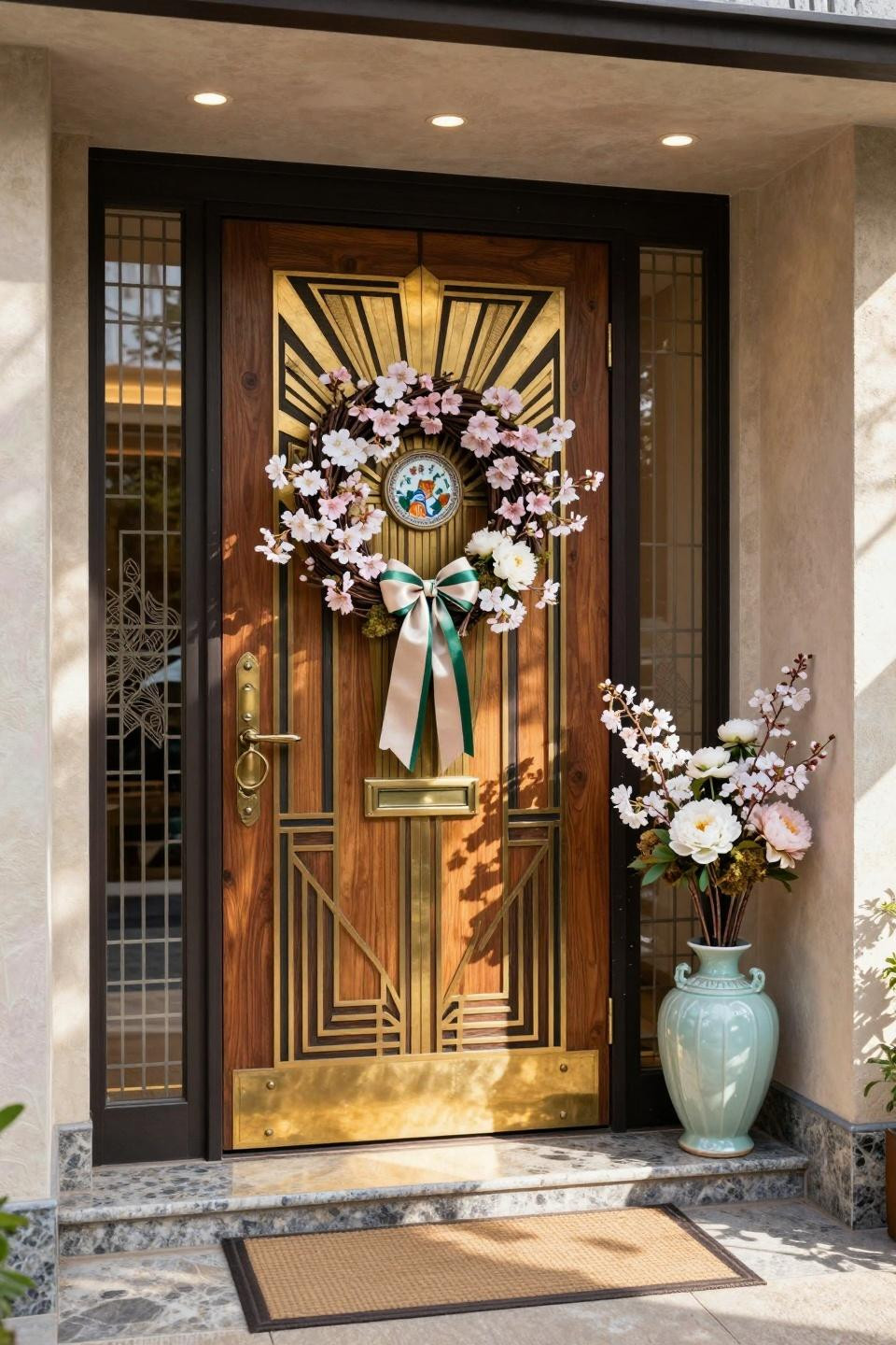 Spring door hangers featuring hand-carved ebony wood with 24k gold leaf sakura motifs and silk ribbons