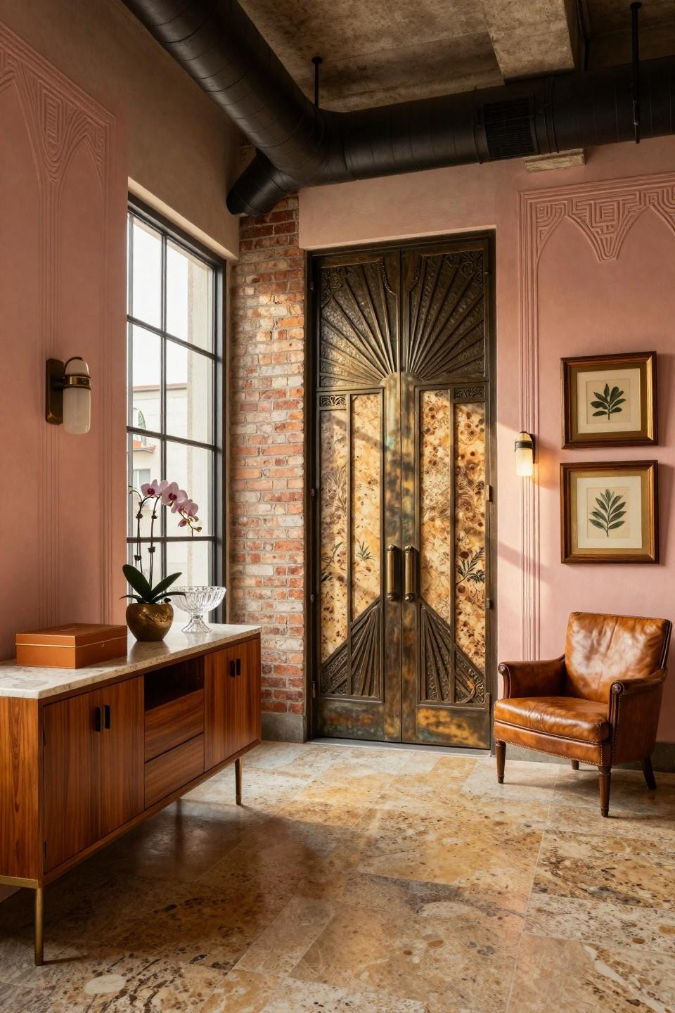 Spring door hangers on Miami Art Deco loft featuring carved bronze door panels