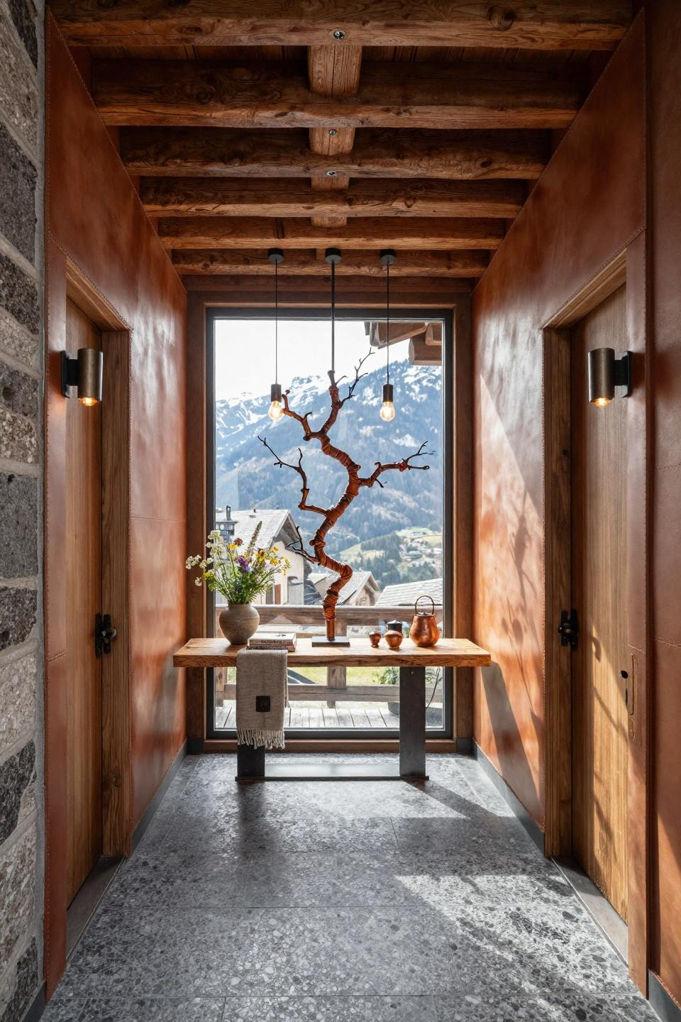 Spring door hangers featuring museum-quality bronze sculptural wreath hanger in Swiss Alpine chalet