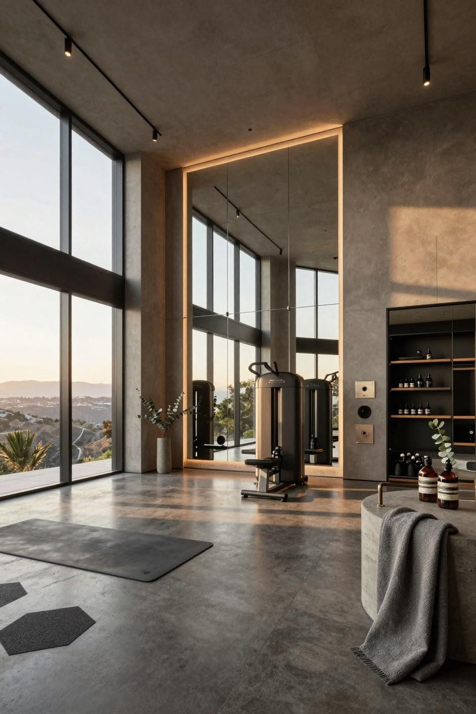 House gym ideas small spaces featuring polished concrete and steel-framed canyon views